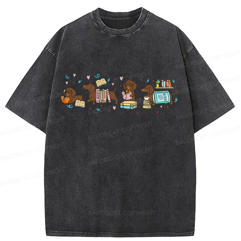 Baddiecat Dachshund Book Lover Washed T-shirt