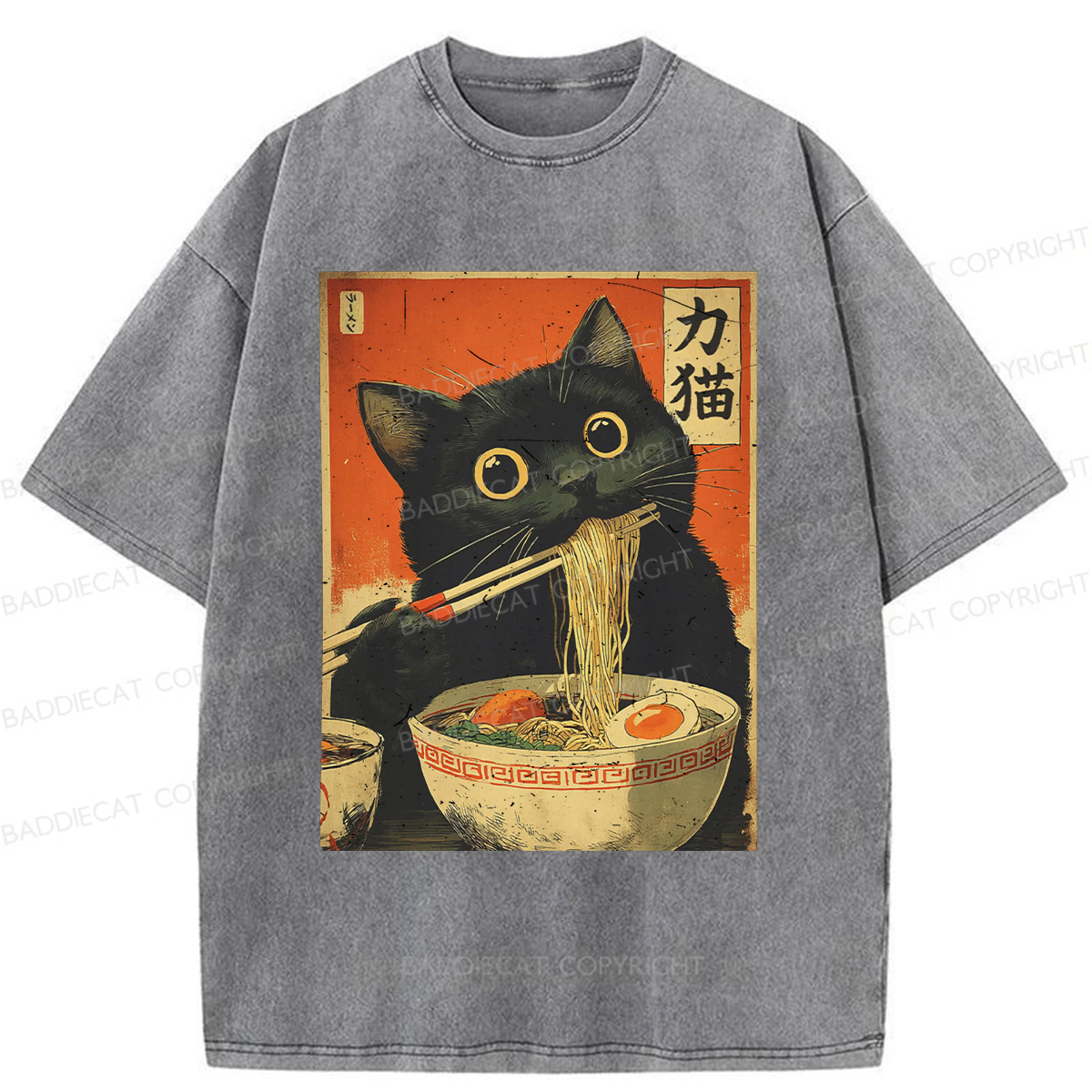 Baddiecat Cat Eating Ramen Funny Washed T-shirt