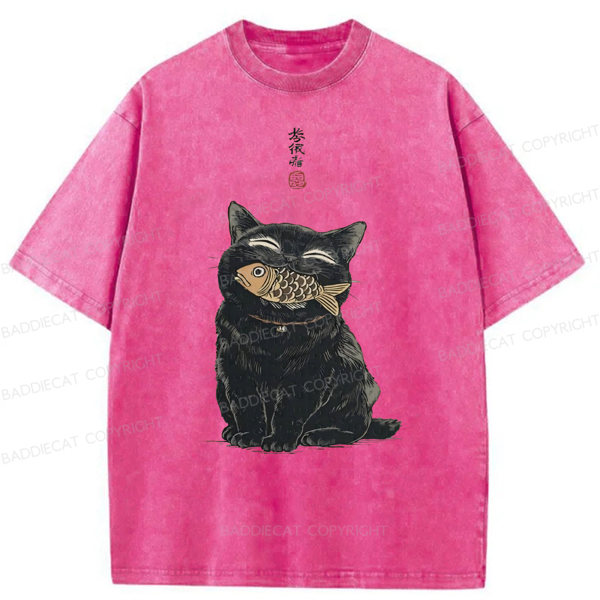 Baddiecat Japanese Smile Black Cat Washed T-shirt