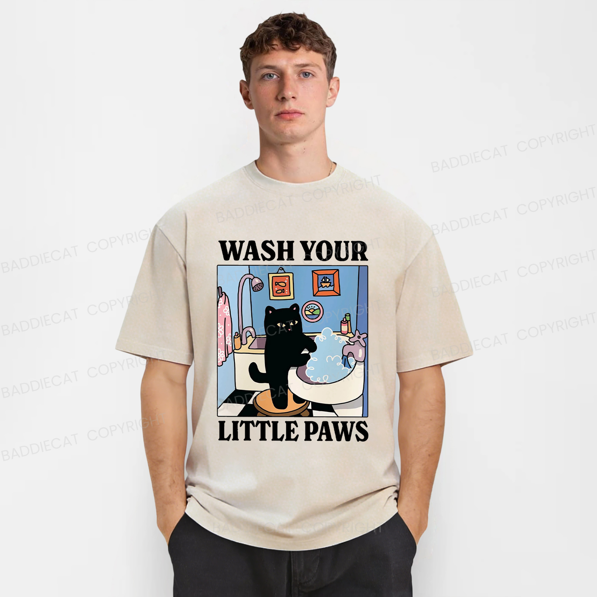 Baddiecat Cleaning Black Cat Washed T-shirt