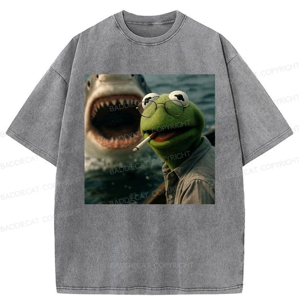 Baddiecat Shark Attack Parody Smoking Frog Washed T-shirt