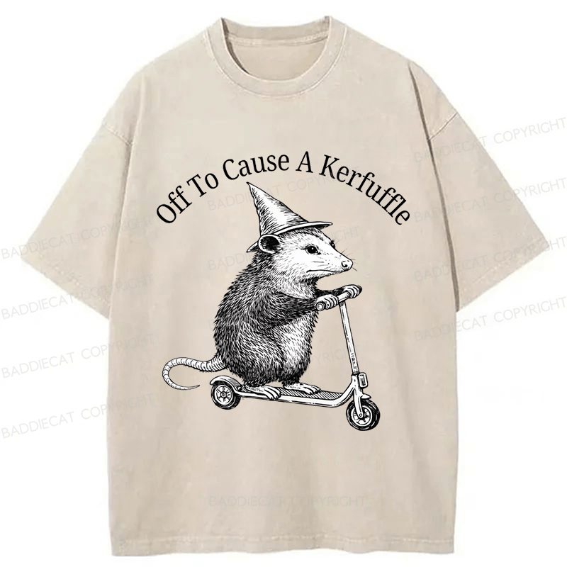 Baddiecat Off To Cause A Kerfuffle Funny Opossum Scooter Washed T-shirt