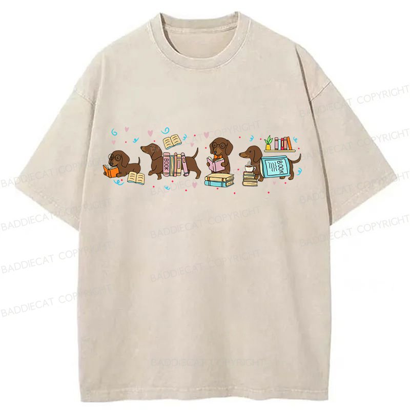 Baddiecat Dachshund Book Lover Washed T-shirt