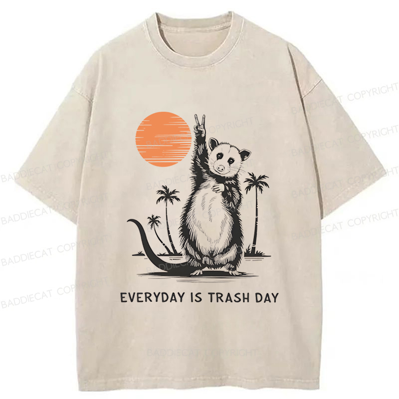 Baddiecat Everyday Is Trash Day Opossum Giving Peace Sign Palm Trees Sunset Washed T-shirt
