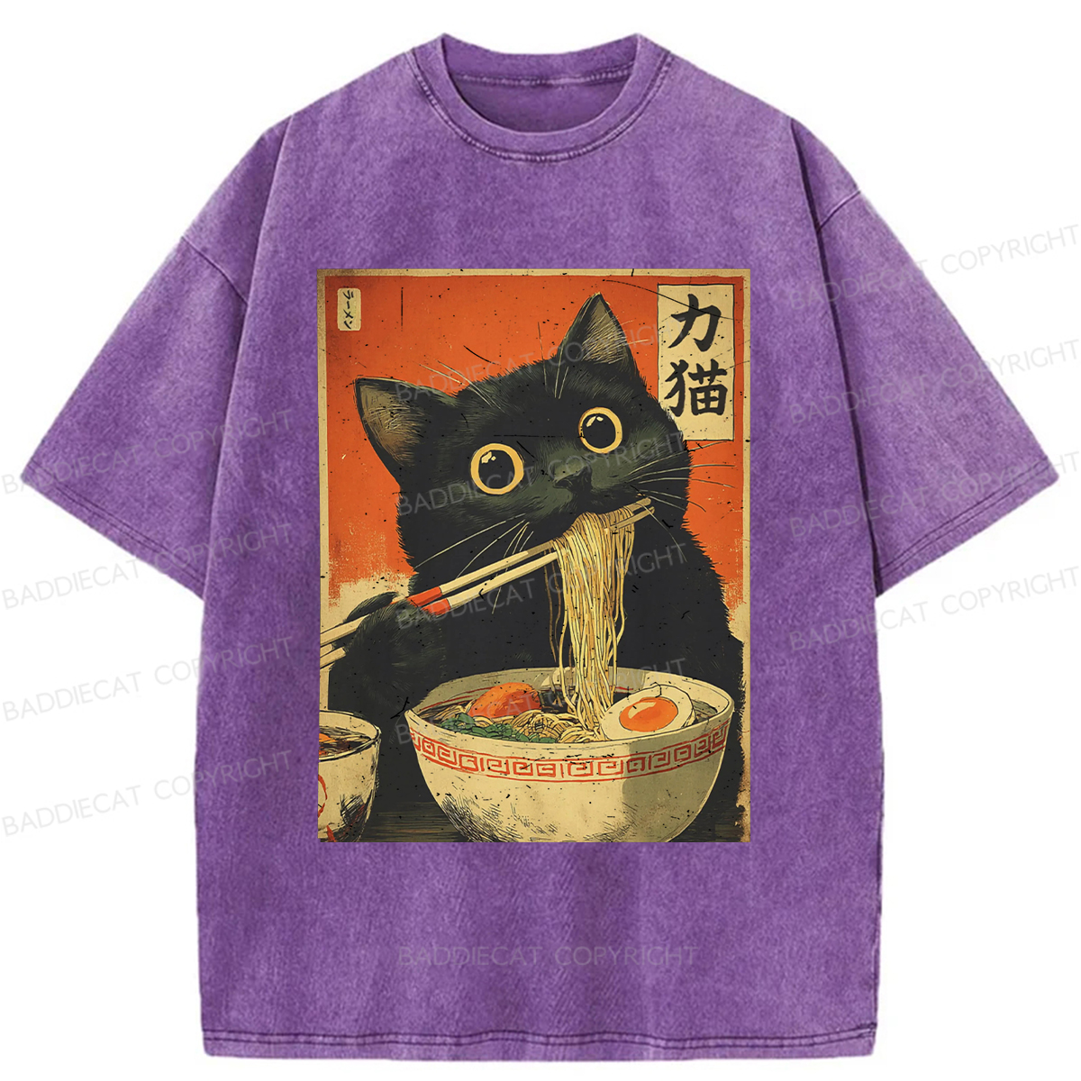 Baddiecat Cat Eating Ramen Funny Washed T-shirt