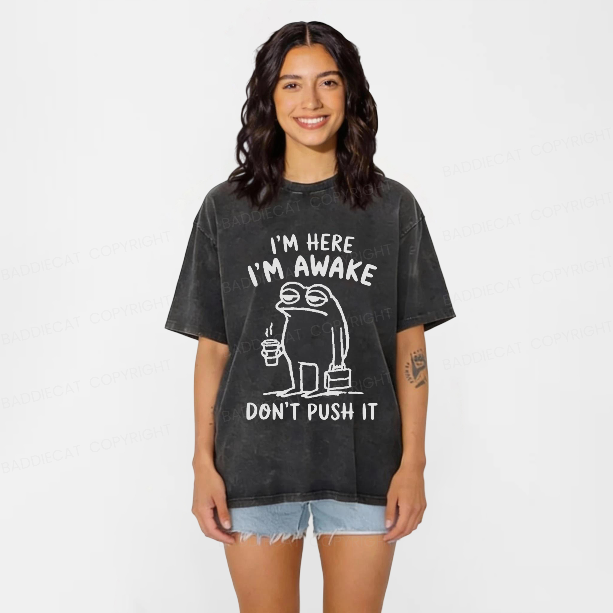 Baddiecat Sleep-deprived Frog Washed T-shirt