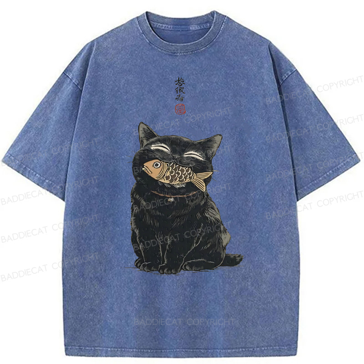 Baddiecat Japanese Smile Black Cat Washed T-shirt
