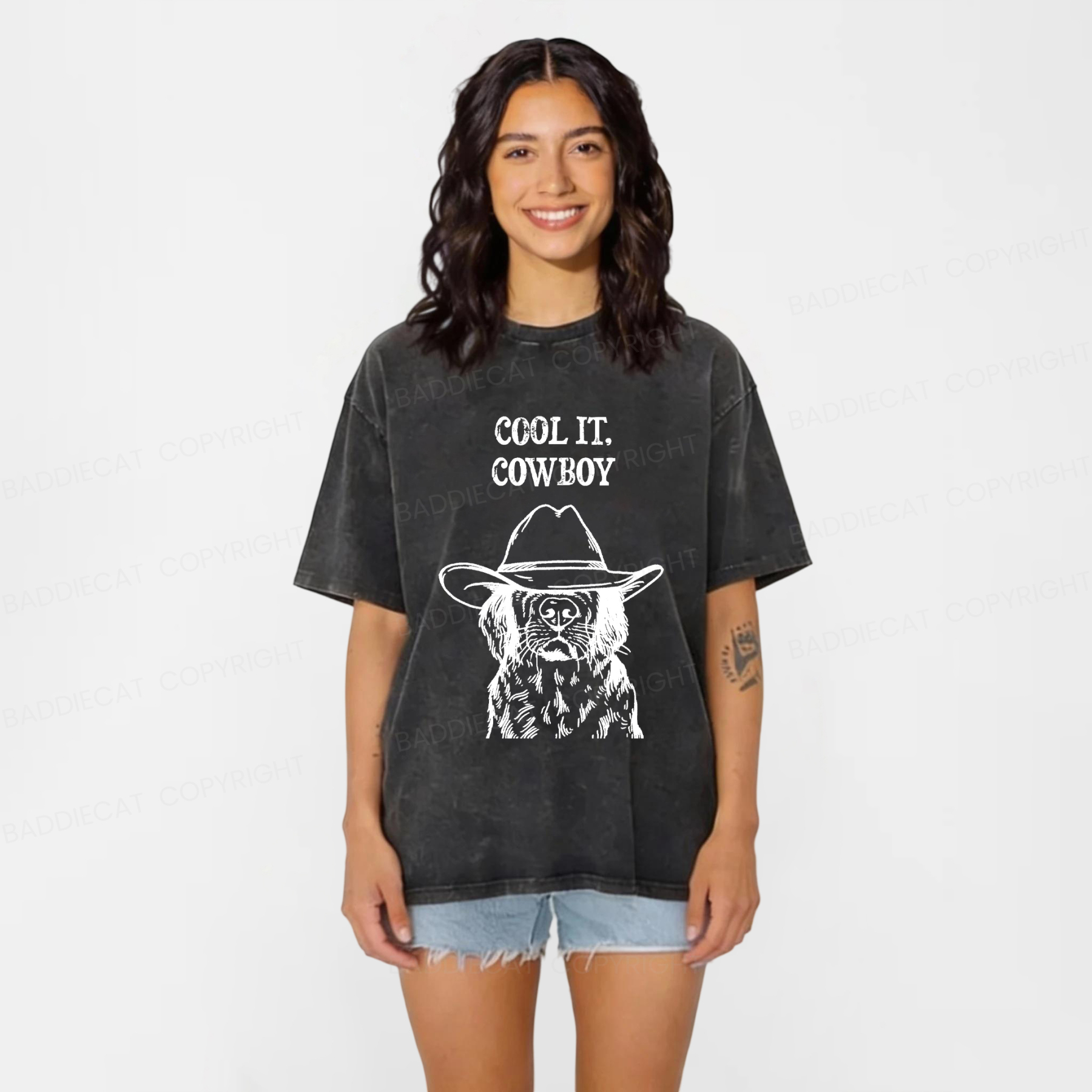 Baddiecat Cool Cowboy Dog Washed T-shirt
