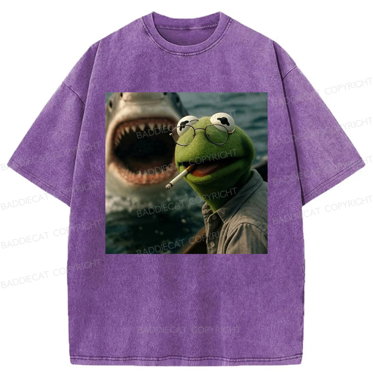 Baddiecat Shark Attack Parody Smoking Frog Washed T-shirt