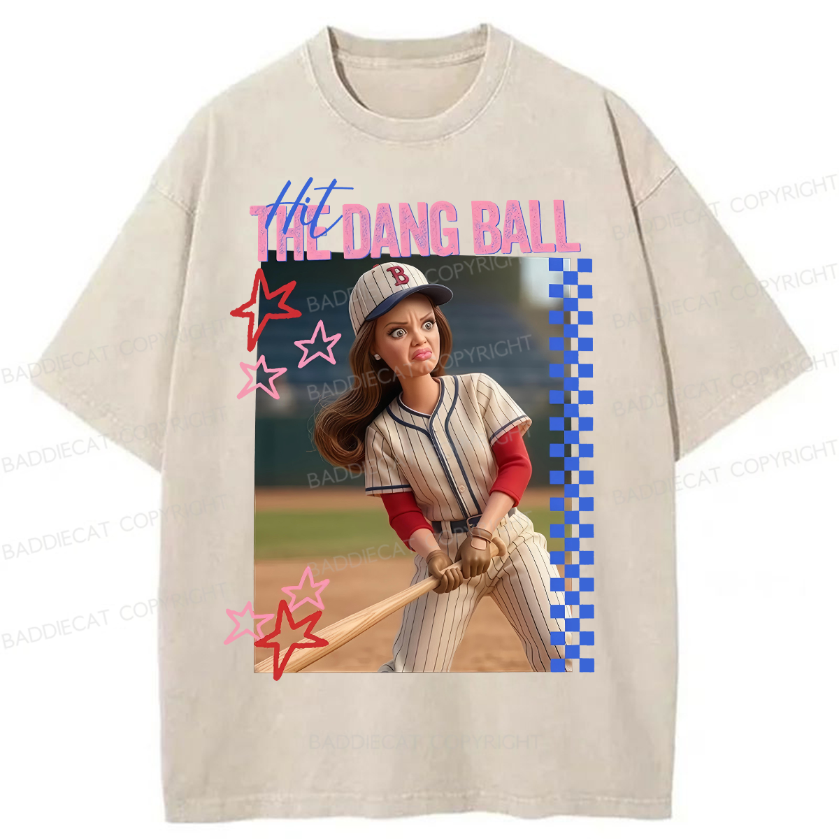 Baddiecat Hit The Dang Ball Baseball Doll Face Meme Washed T-shirt