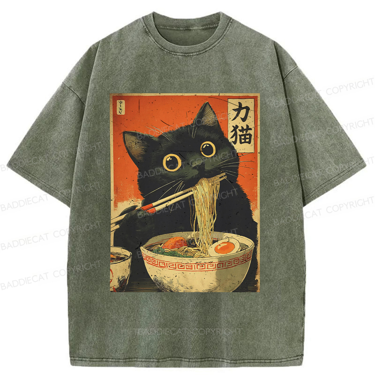 Baddiecat Cat Eating Ramen Funny Washed T-shirt