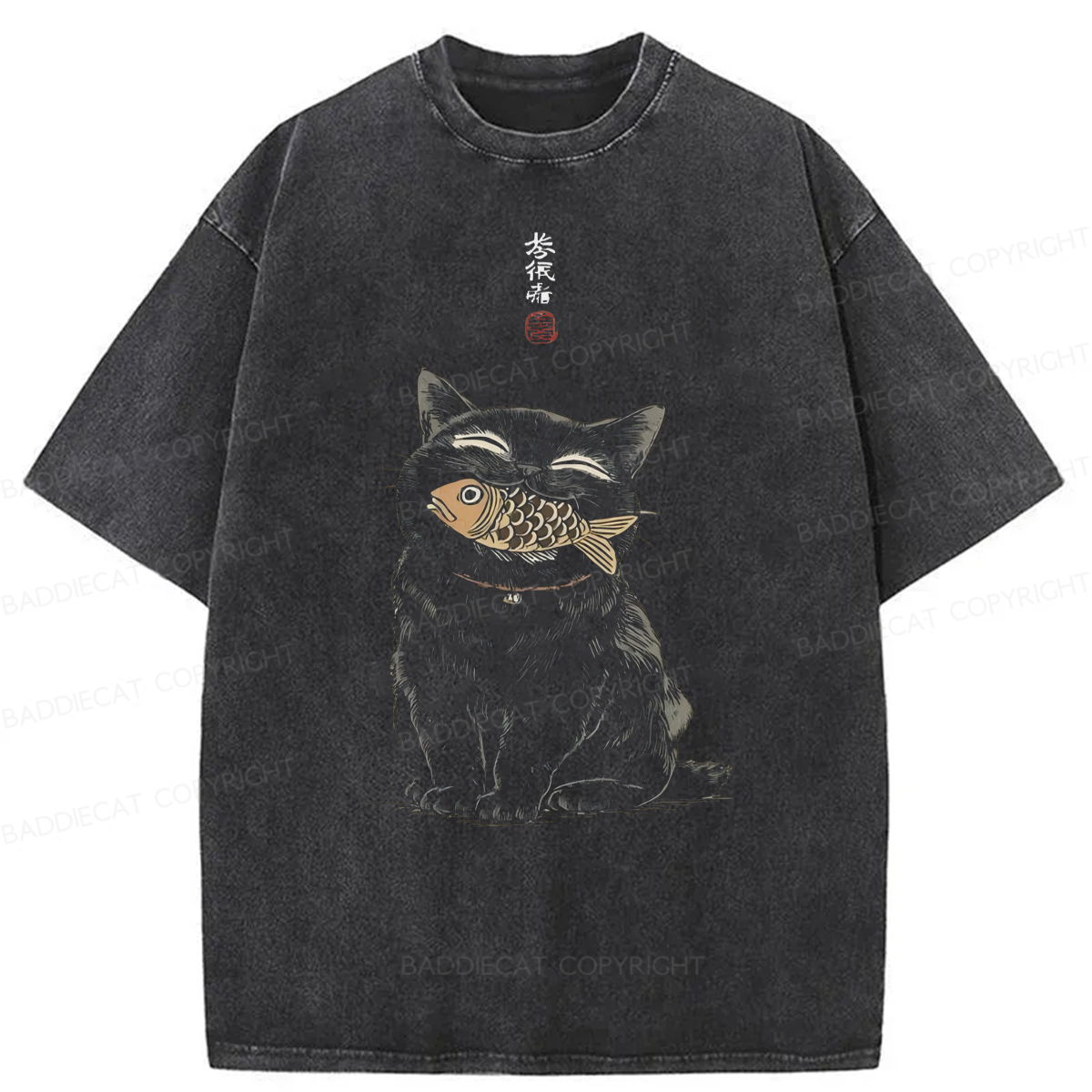 Baddiecat Japanese Smile Black Cat Washed T-shirt