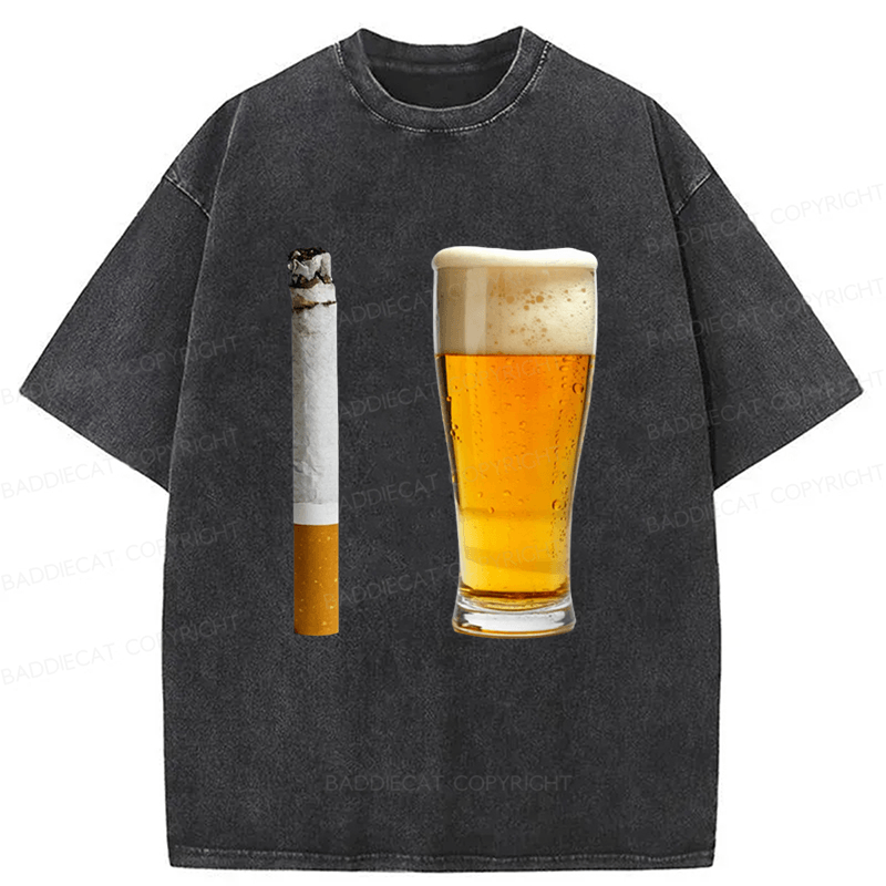 Baddiecat Beer and Cigarette Funny Washed T-shirt