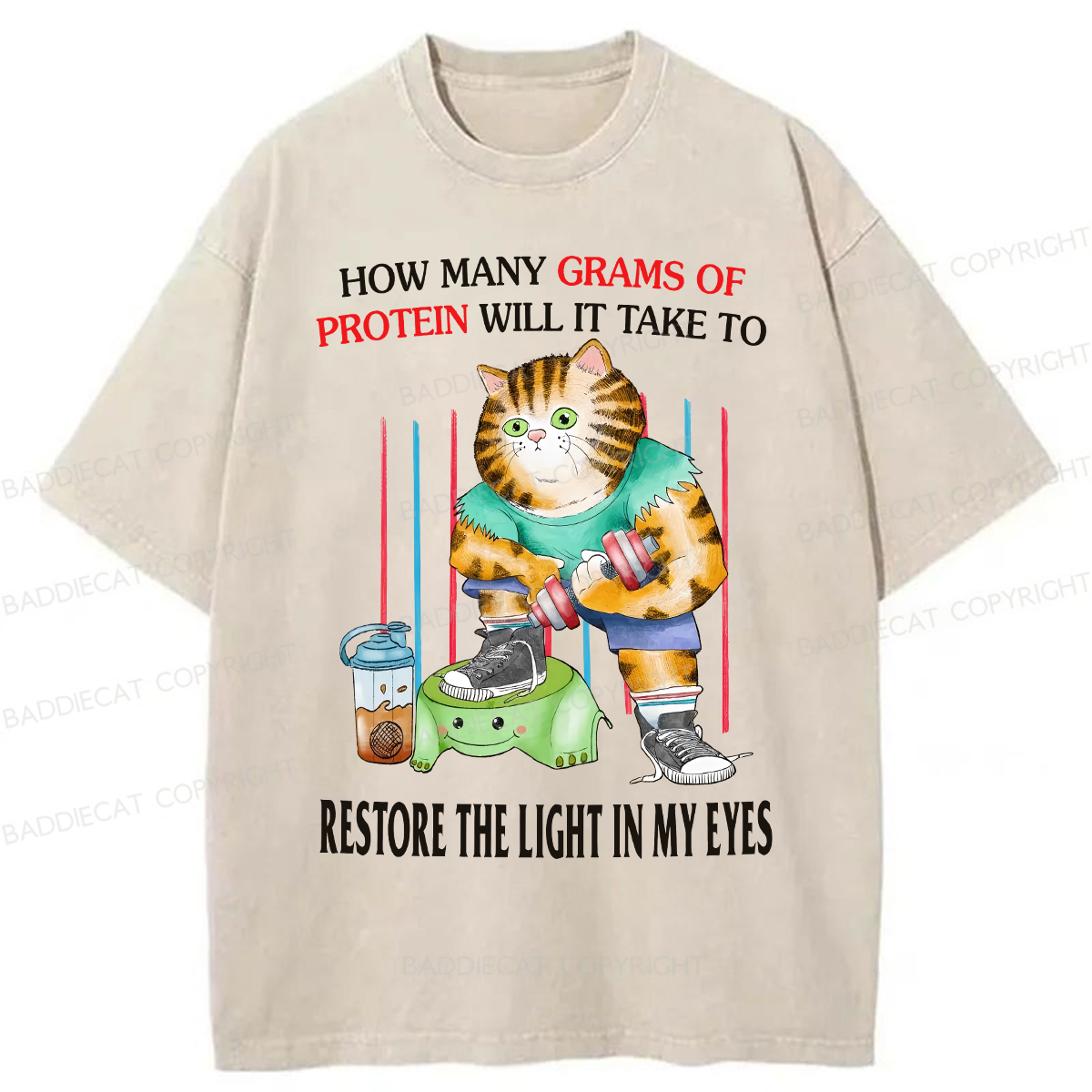 Baddiecat Funny Gym Cat Washed T-shirt