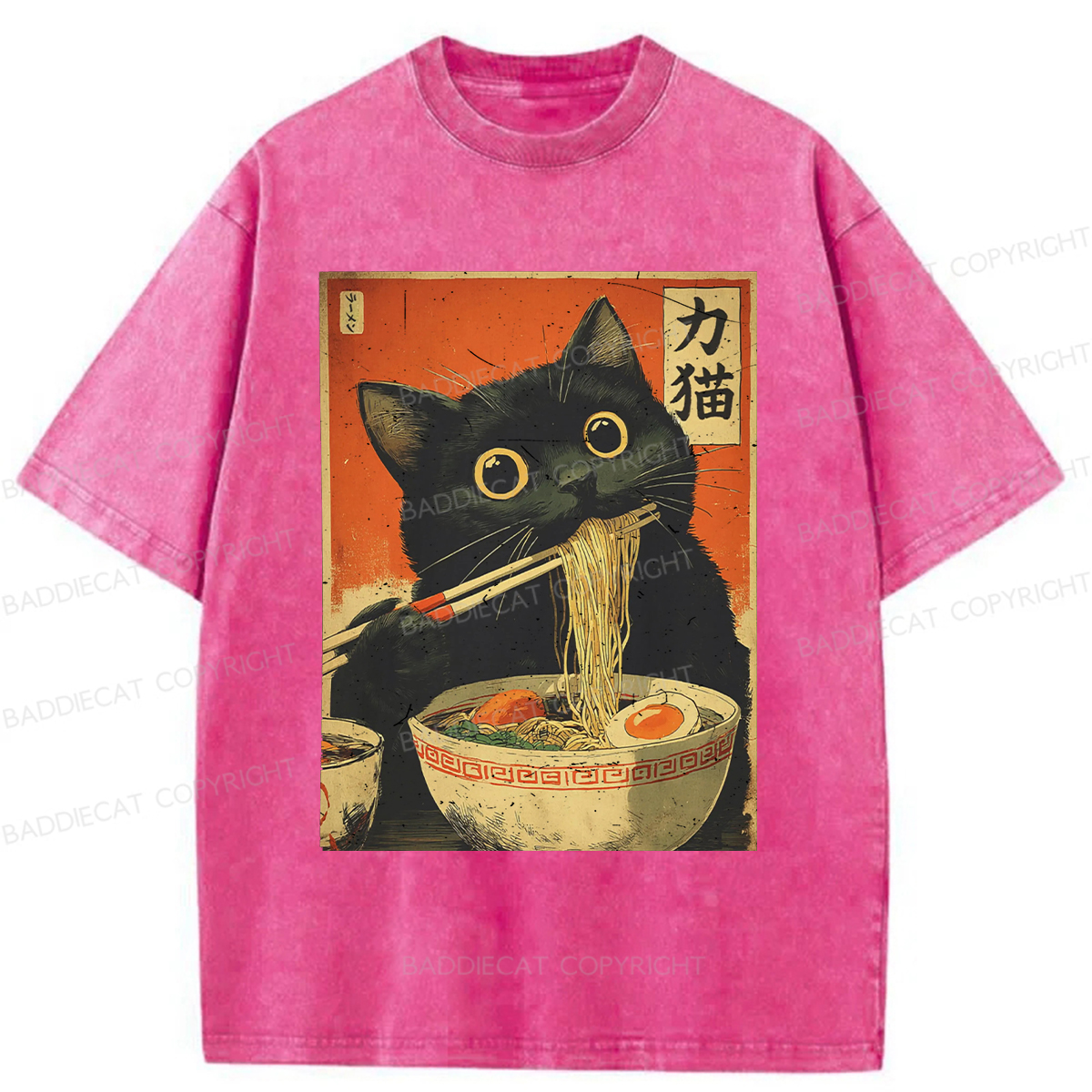 Baddiecat Cat Eating Ramen Funny Washed T-shirt