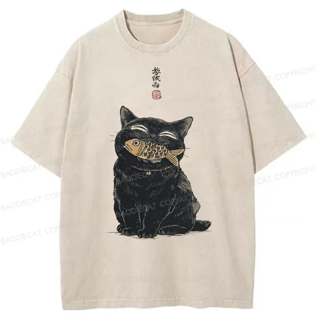 Baddiecat Japanese Smile Black Cat Washed T-shirt