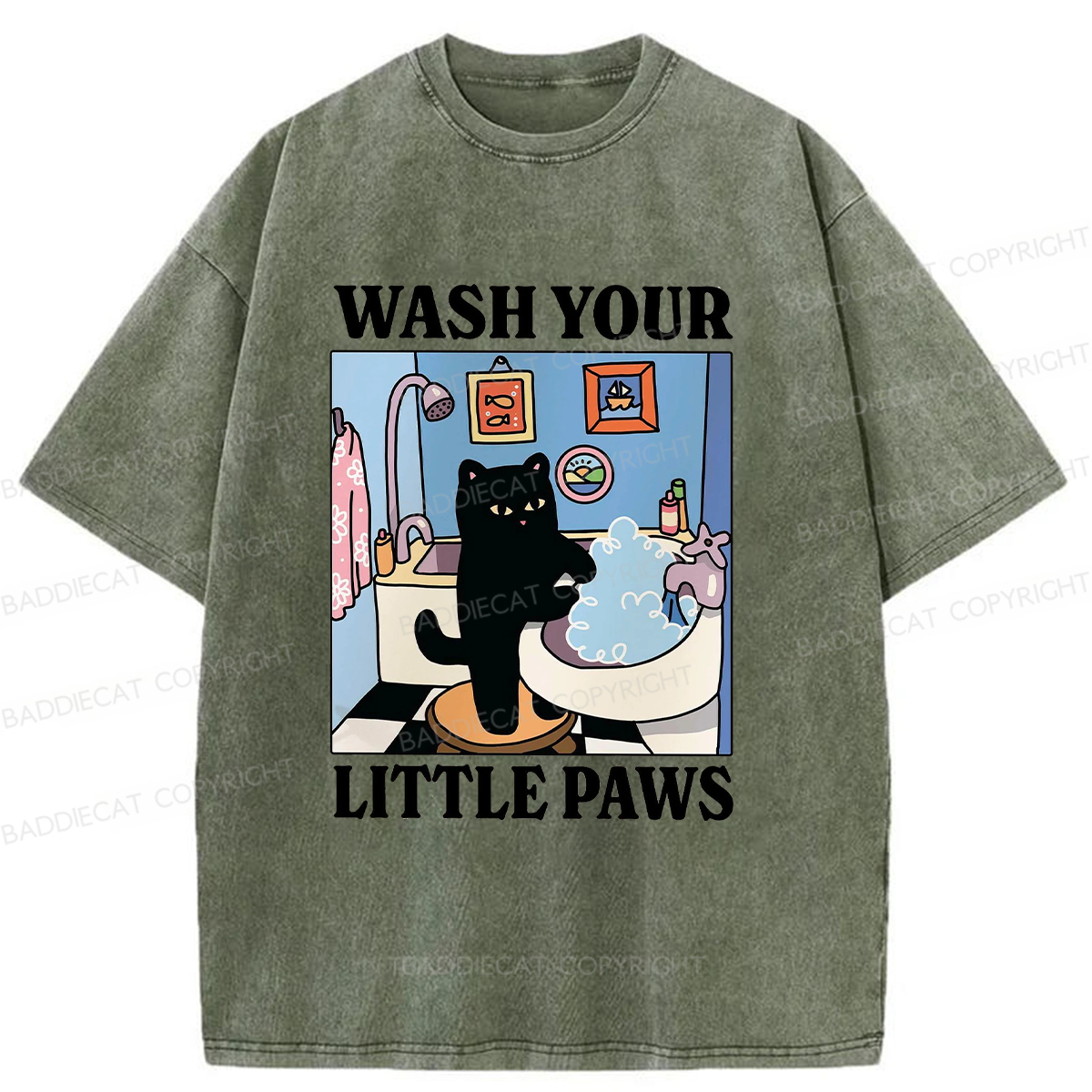 Baddiecat Cleaning Black Cat Washed T-shirt