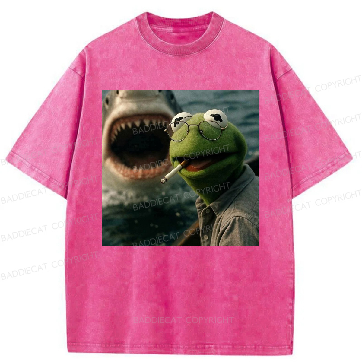 Baddiecat Shark Attack Parody Smoking Frog Washed T-shirt