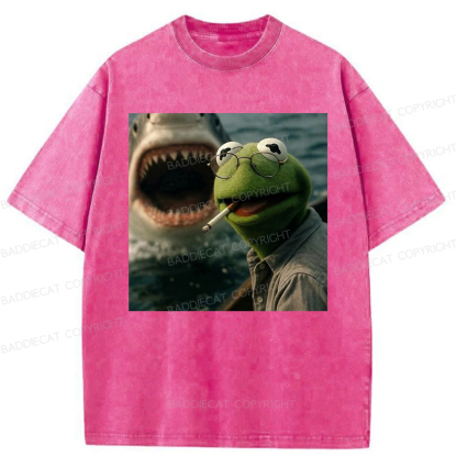 Baddiecat Shark Attack Parody Smoking Frog Washed T-shirt