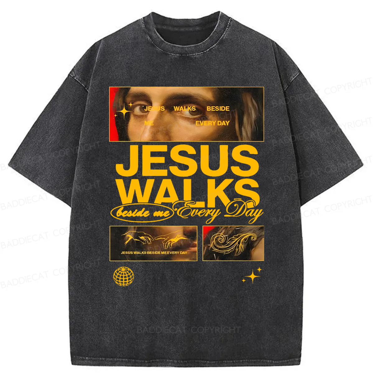 Baddiecat Jesus Walks Beside Washed T-shirt