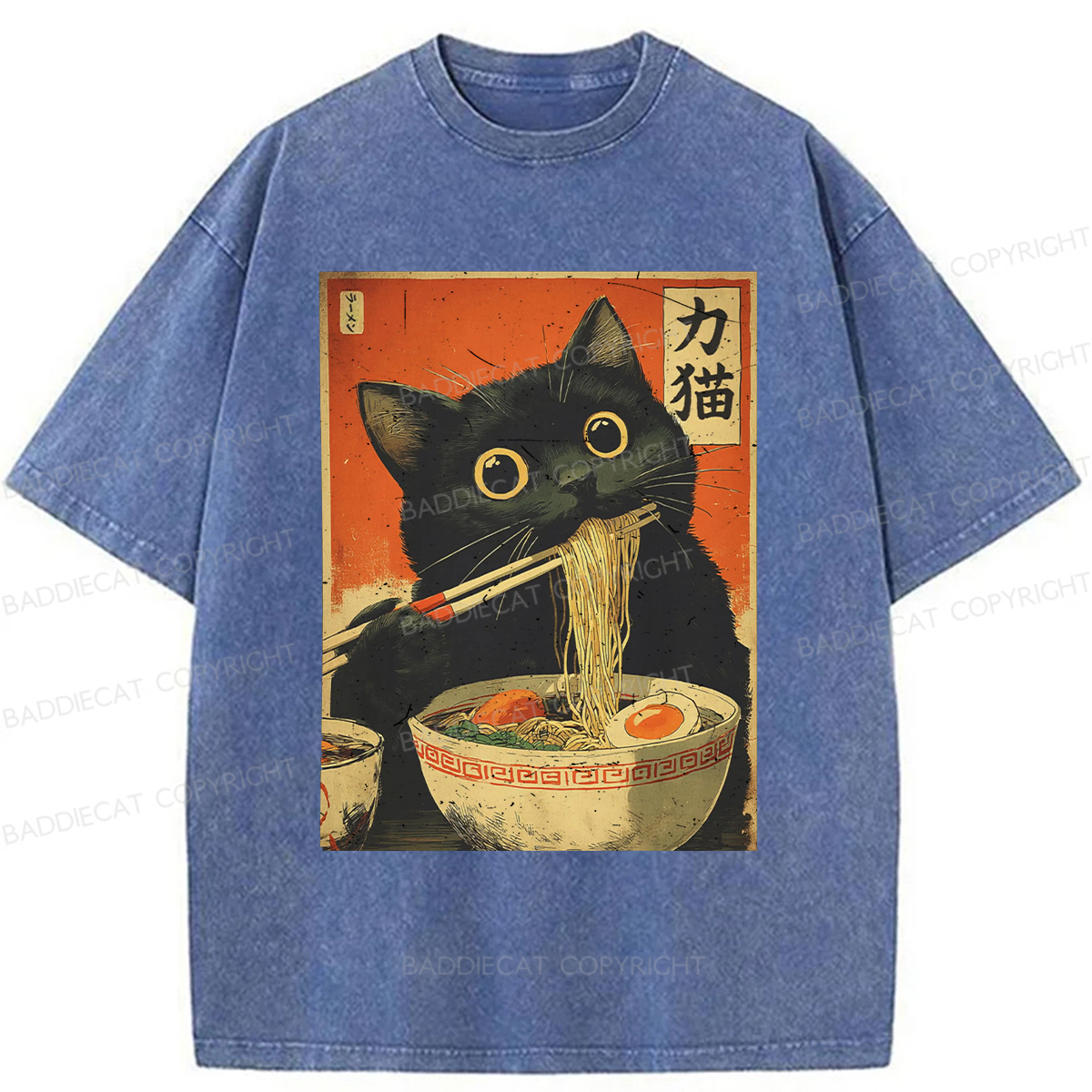 Baddiecat Cat Eating Ramen Funny Washed T-shirt