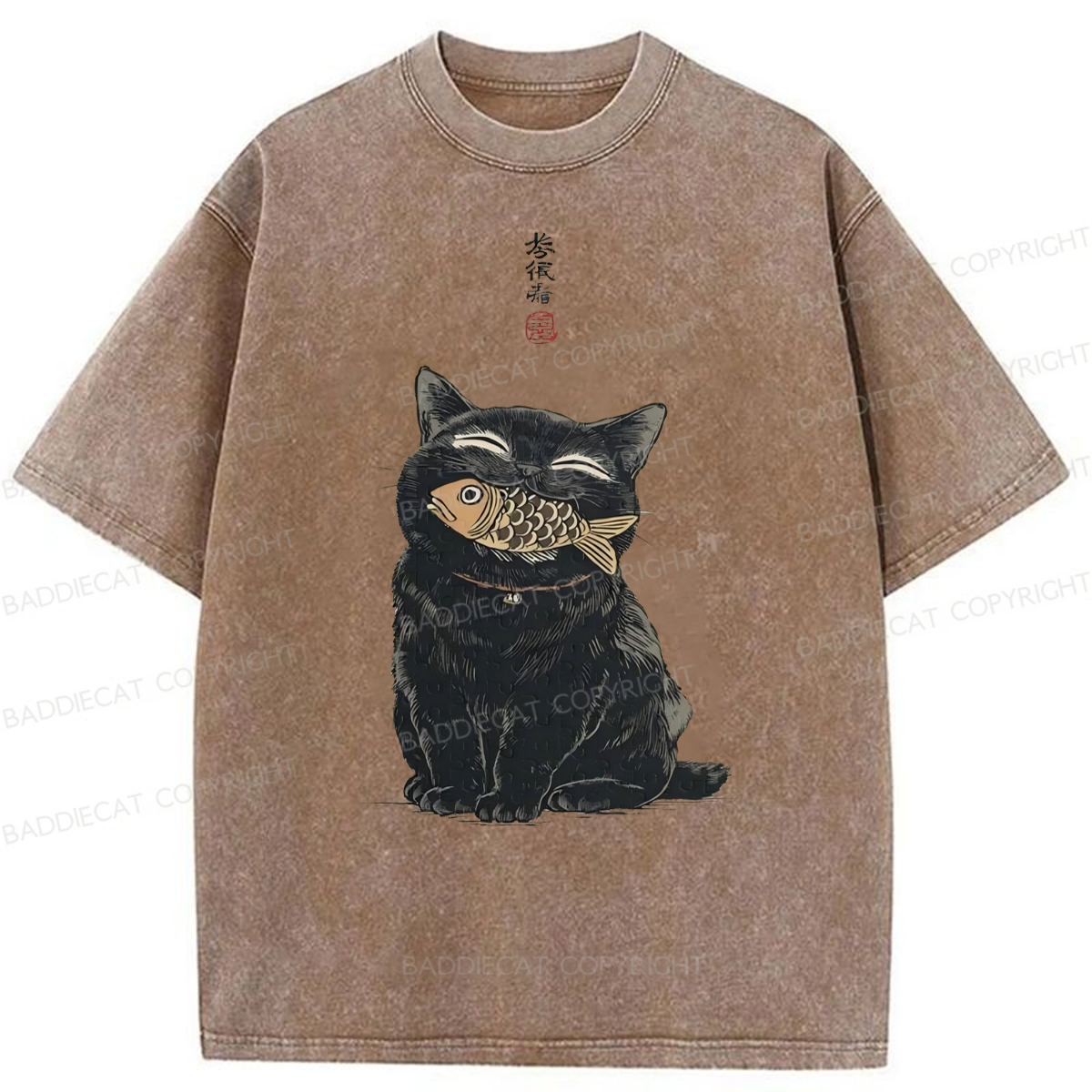 Baddiecat Japanese Smile Black Cat Washed T-shirt
