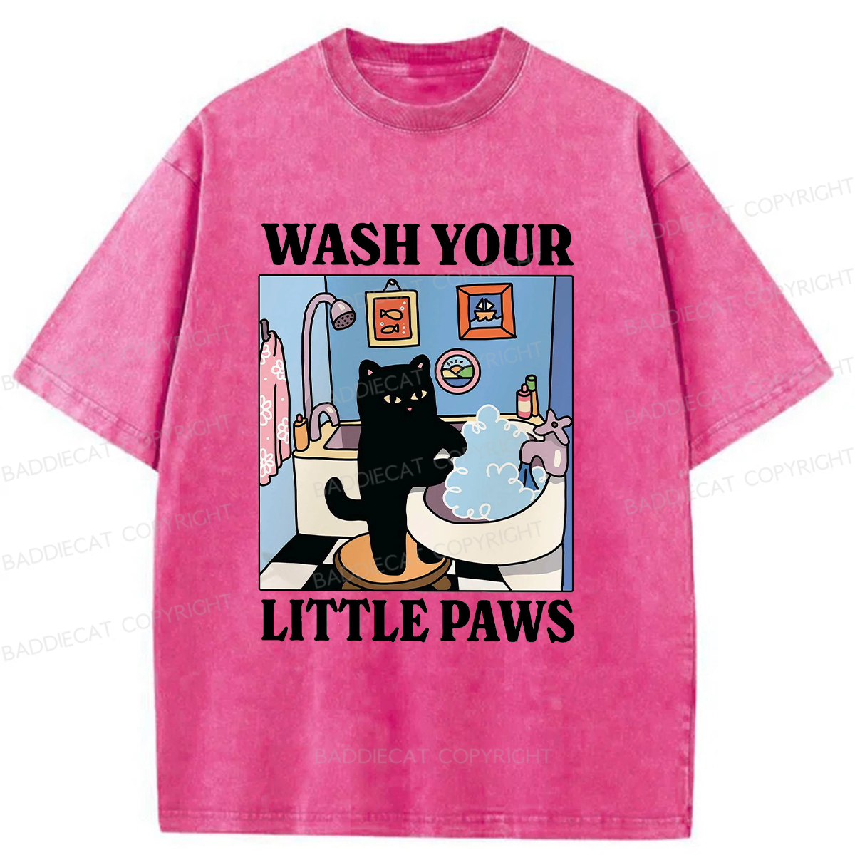 Baddiecat Cleaning Black Cat Washed T-shirt