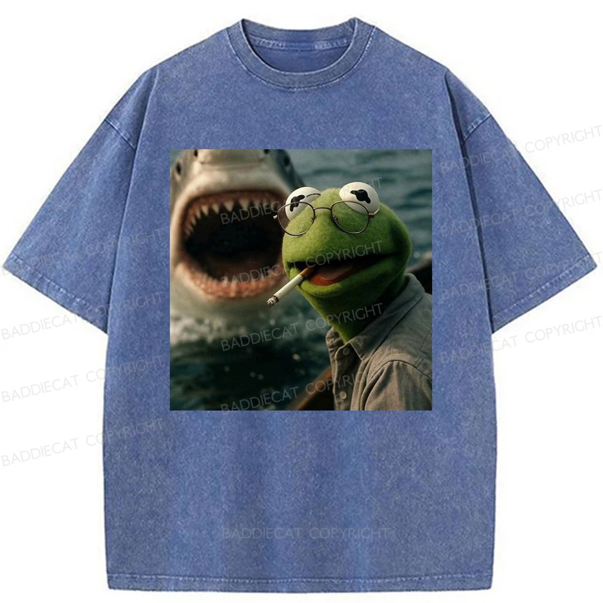 Baddiecat Shark Attack Parody Smoking Frog Washed T-shirt