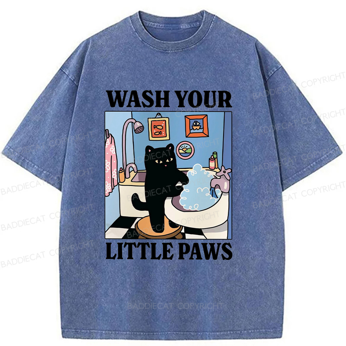 Baddiecat Cleaning Black Cat Washed T-shirt