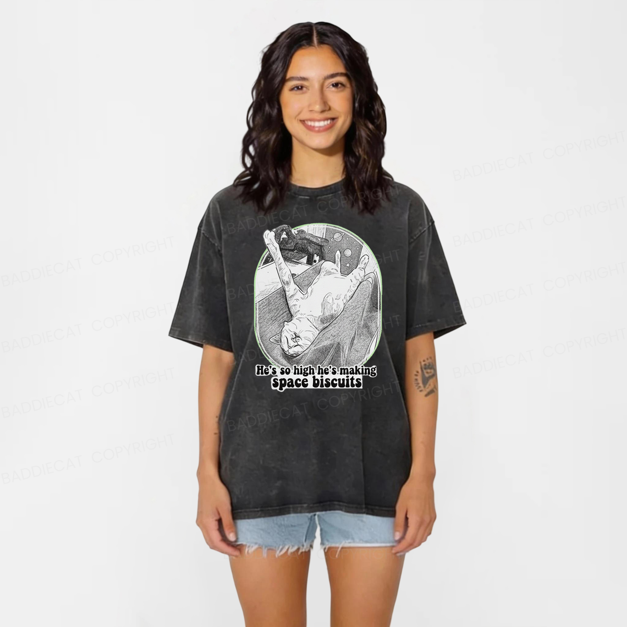 Baddiecat Cat He's Making Space Biscuits Washed T-shirt