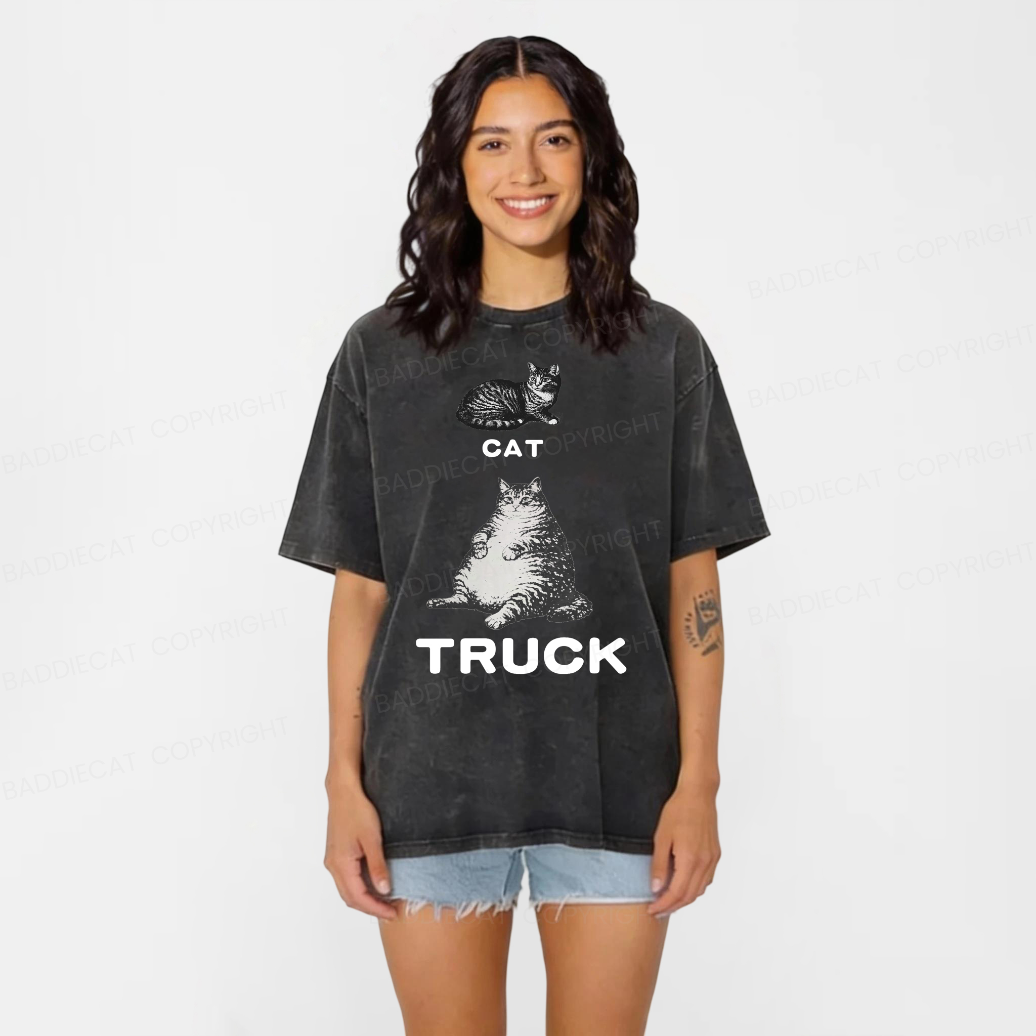 Baddiecat Funny Cat Truck Washed T-shirt