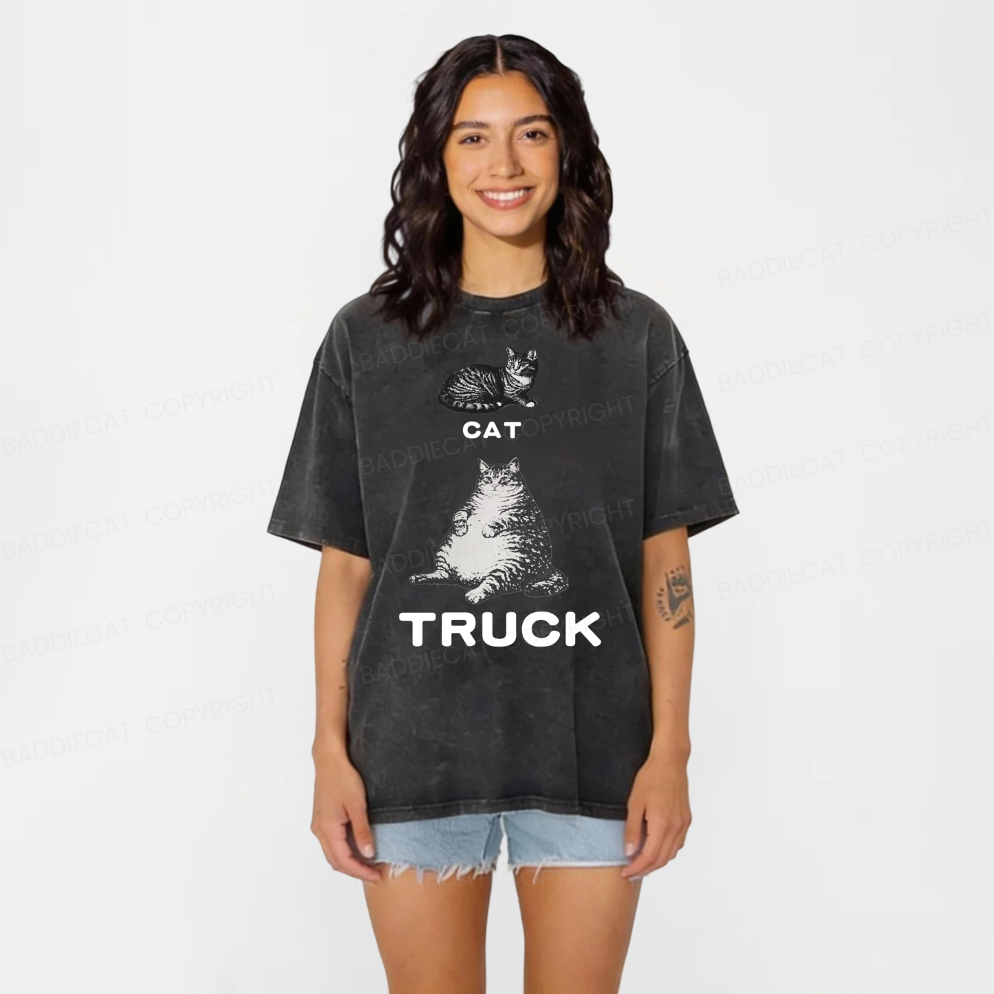 Baddiecat Funny Cat Truck Washed T-shirt