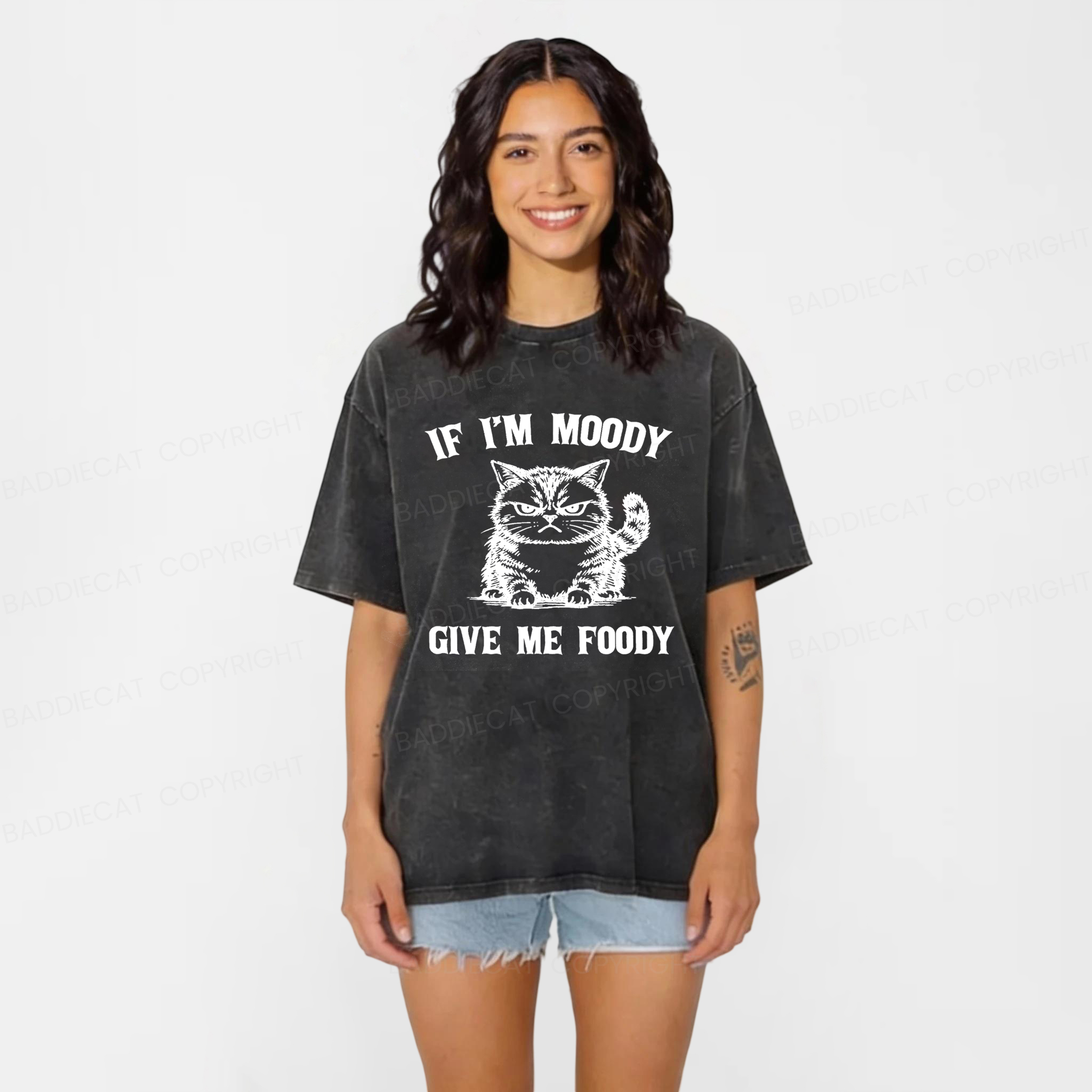 Baddiecat Funny If I'm Moody Give Me Foody Washed T-shirt