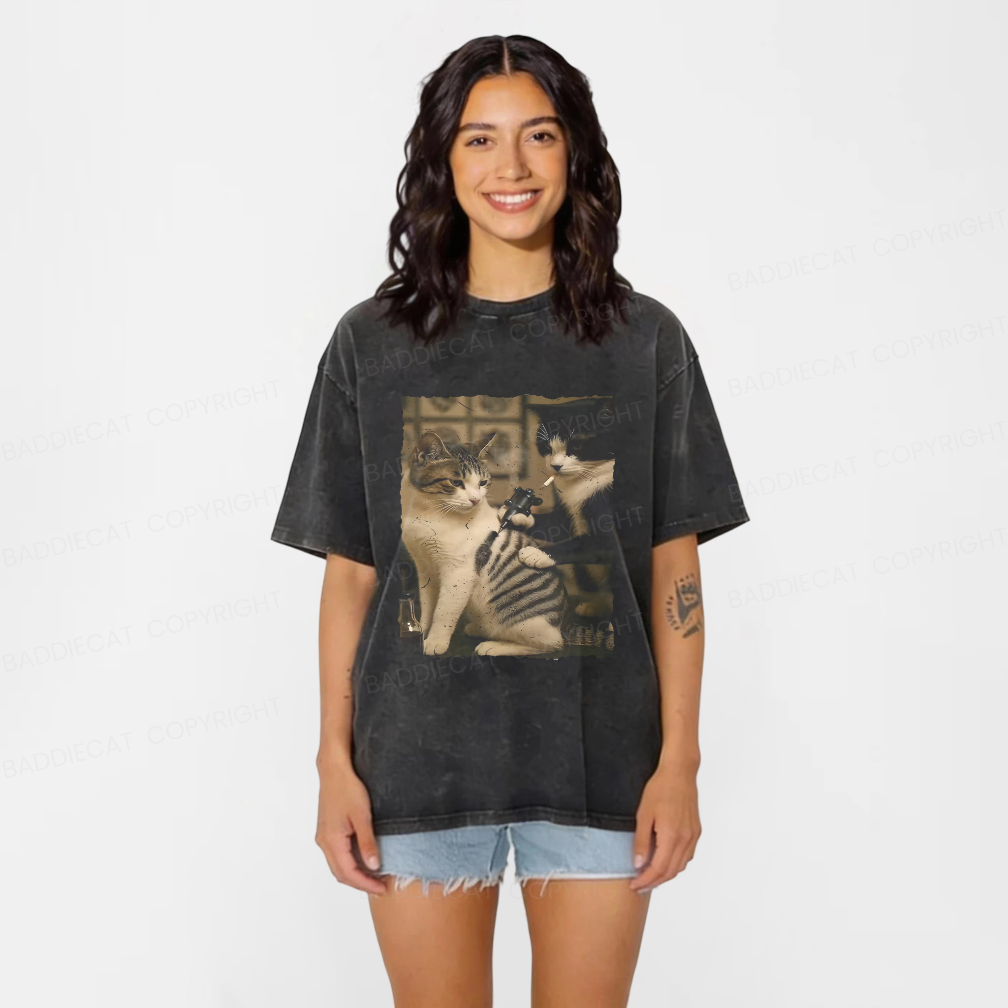 Baddiecat Cat Tattoo Artist Washed T-shirt