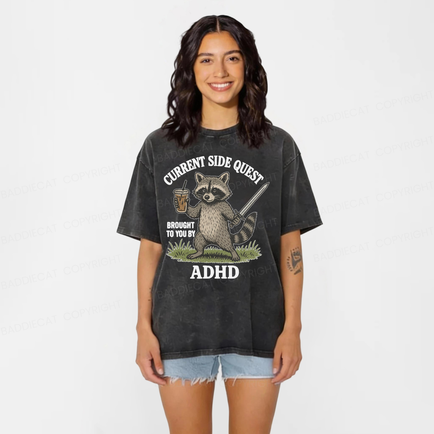 Baddiecat ADHD Raccoon Washed T-shirt