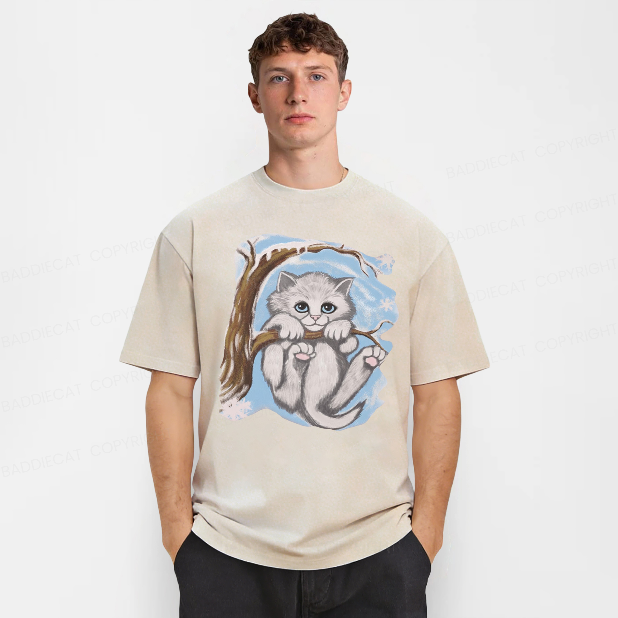 Baddiecat Funny Snow Cat Washed T-shirt