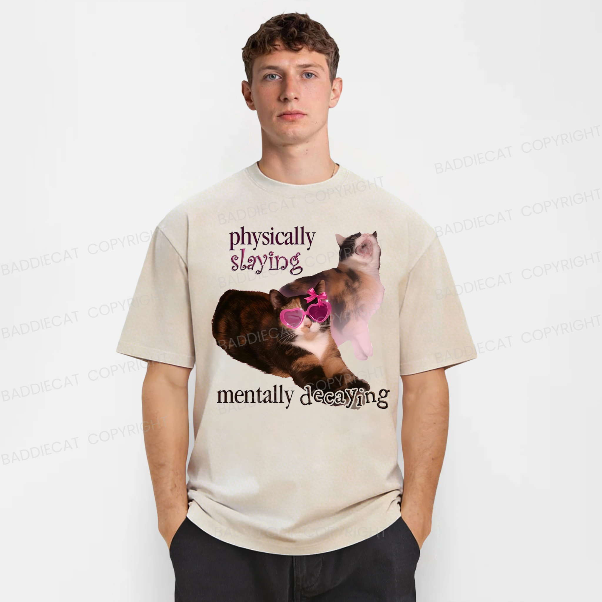 Baddiecat Physically Slaying Mentally Decaying Cat Washed T-shirt