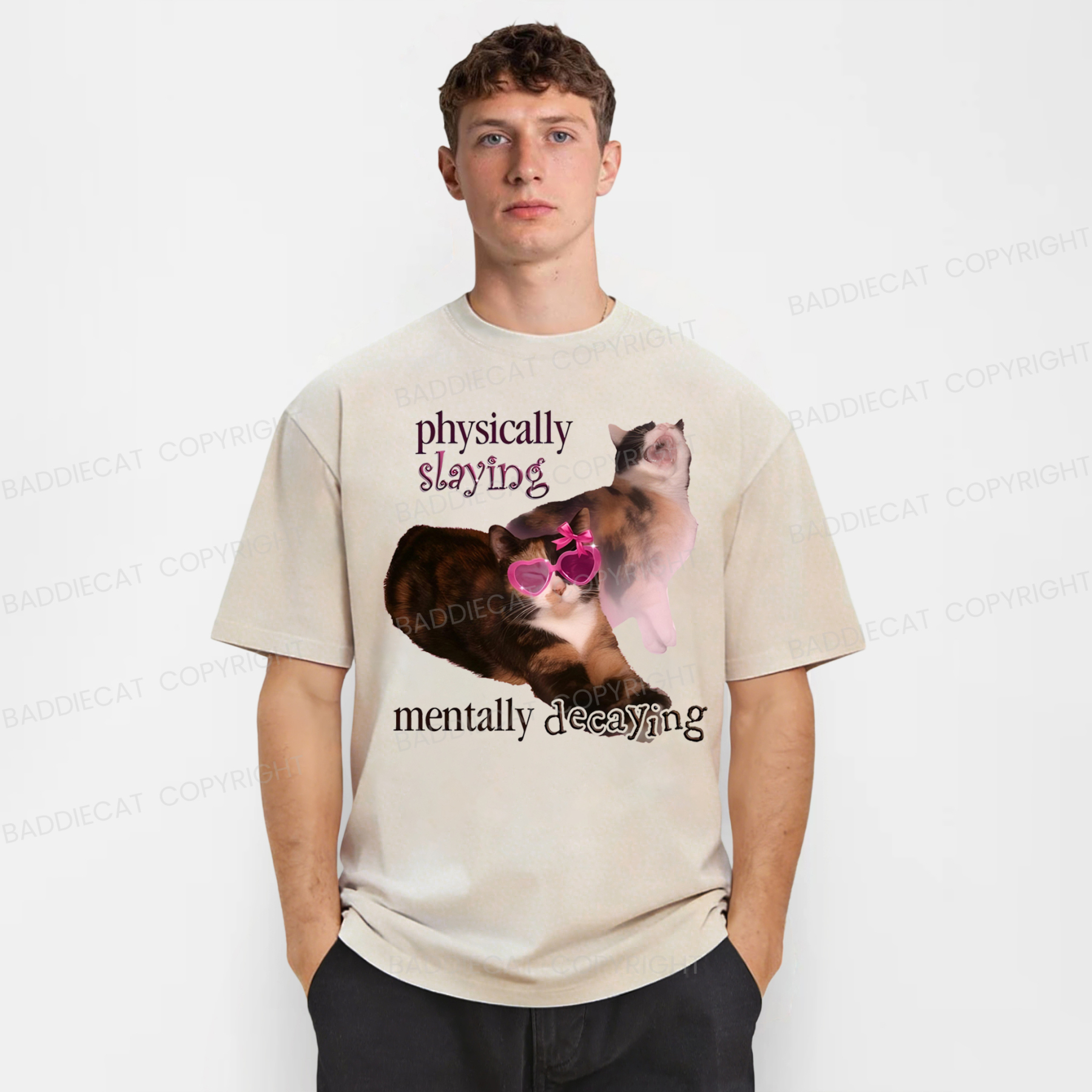 Baddiecat Physically Slaying Mentally Decaying Cat Washed T-shirt