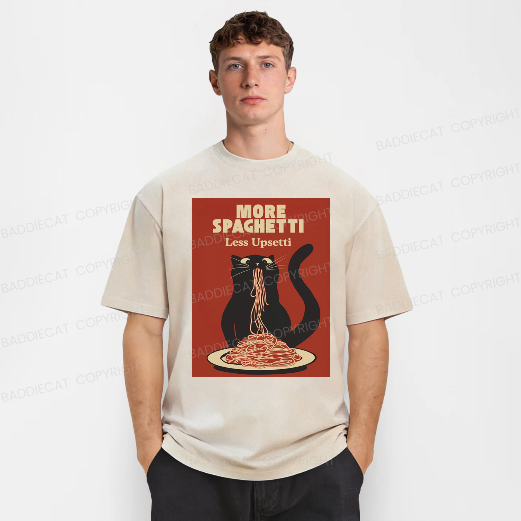 Baddiecat Hungry Cat Spaghetti Washed T-shirt