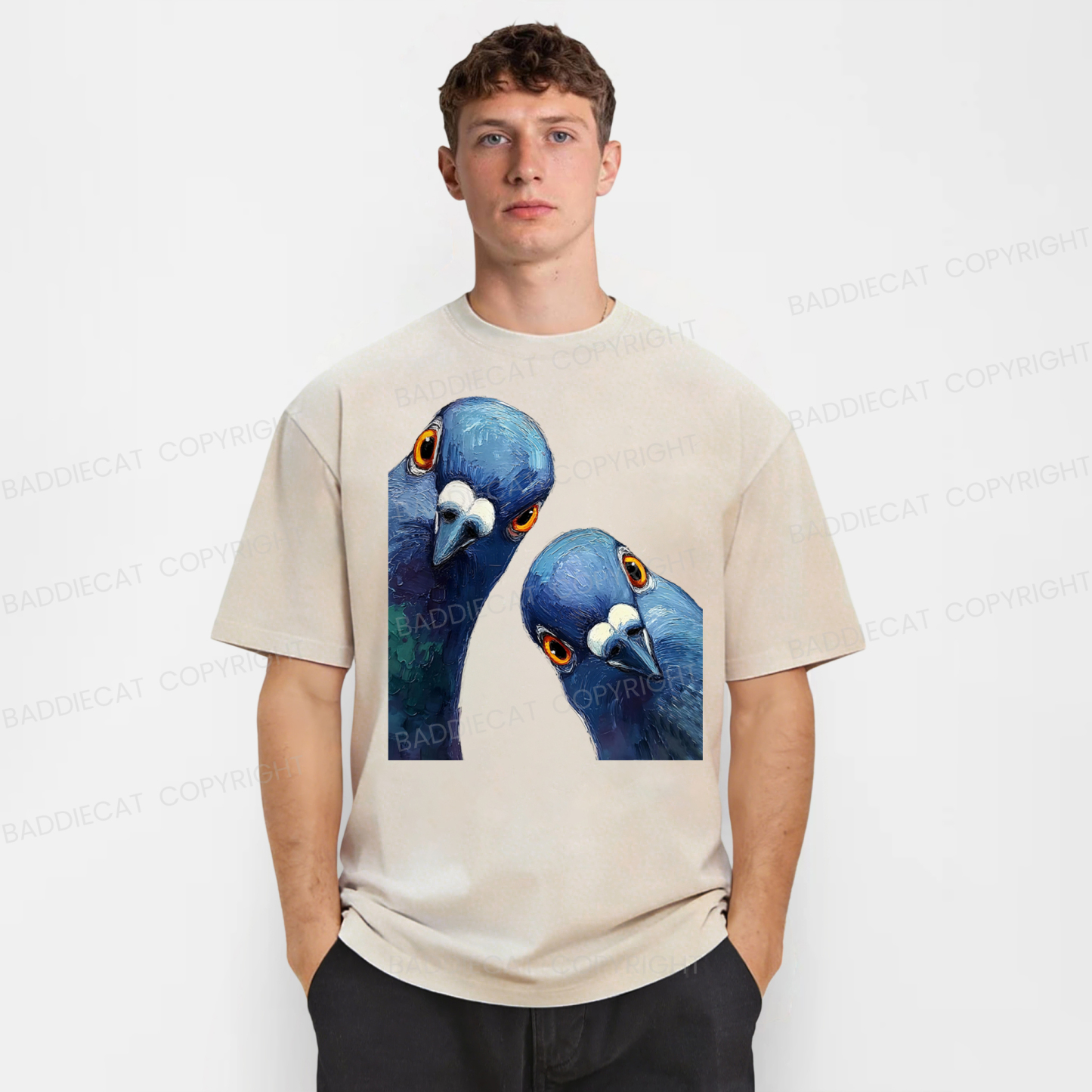 Baddiecat Whimsical Pigeons Washed T-shirt