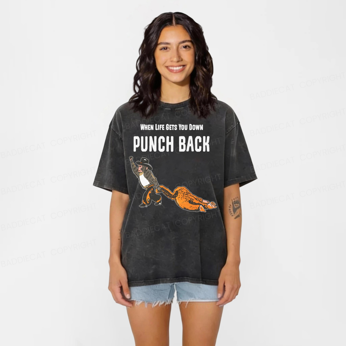 Baddiecat When Life Gets You Down Punch Back Washed T-shirt