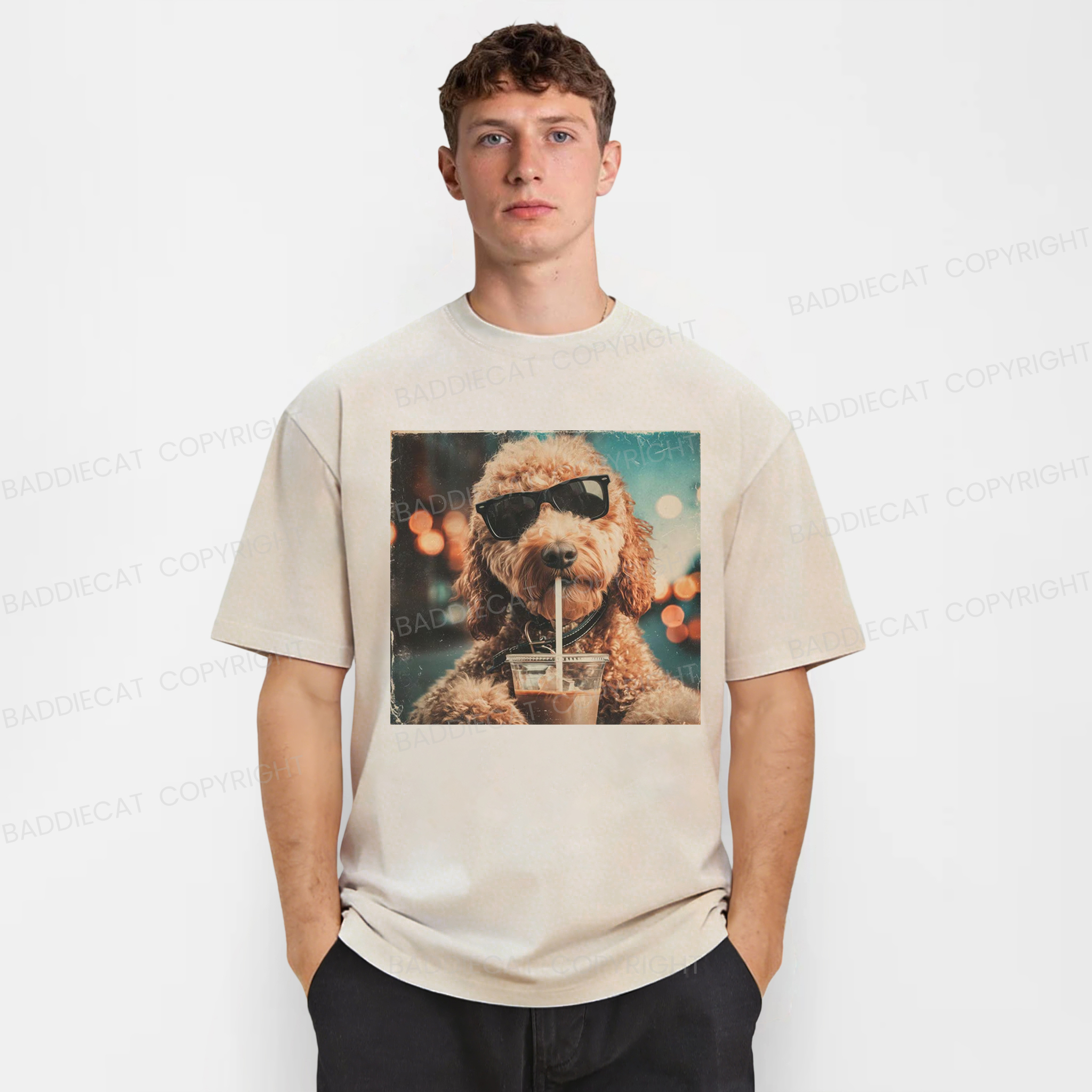 Baddiecat Goldendoodle Drinking Iced Coffee Washed T-shirt