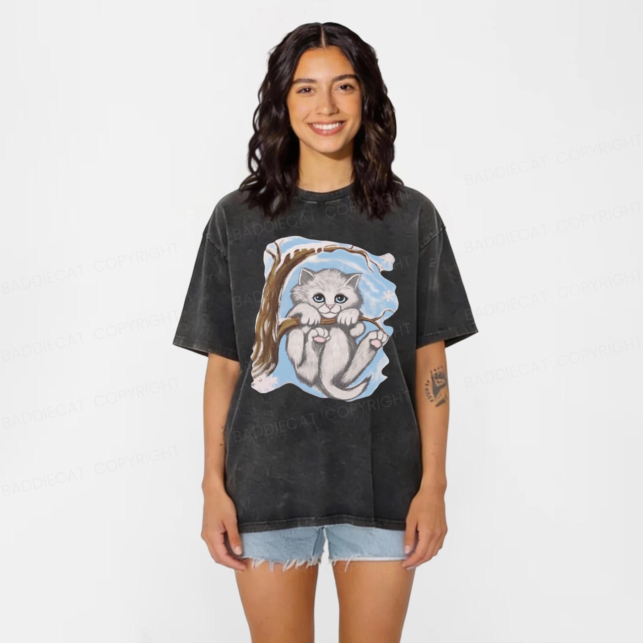 Baddiecat Funny Snow Cat Washed T-shirt