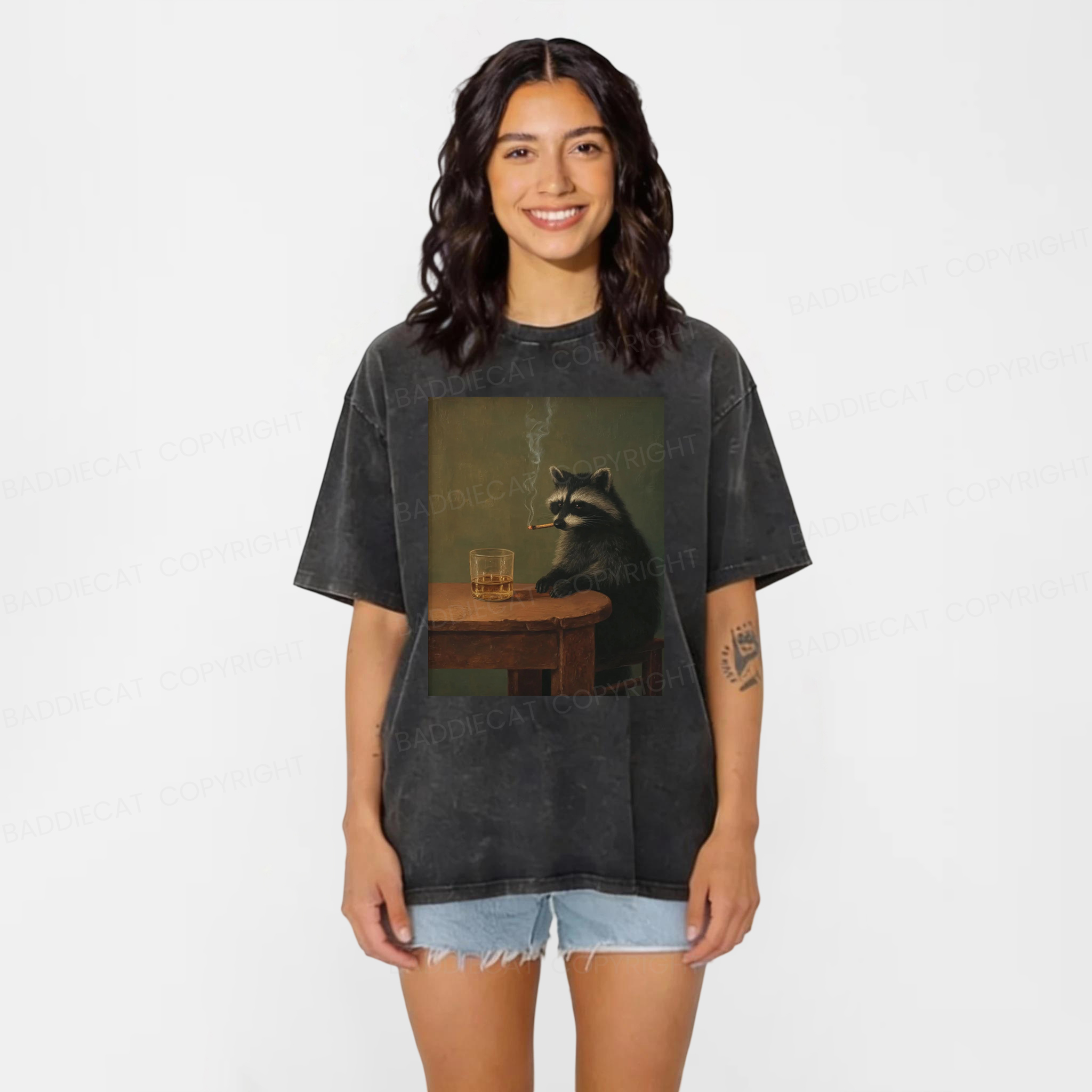 Baddiecat Smoking Raccoon Graphic Washed T-shirt