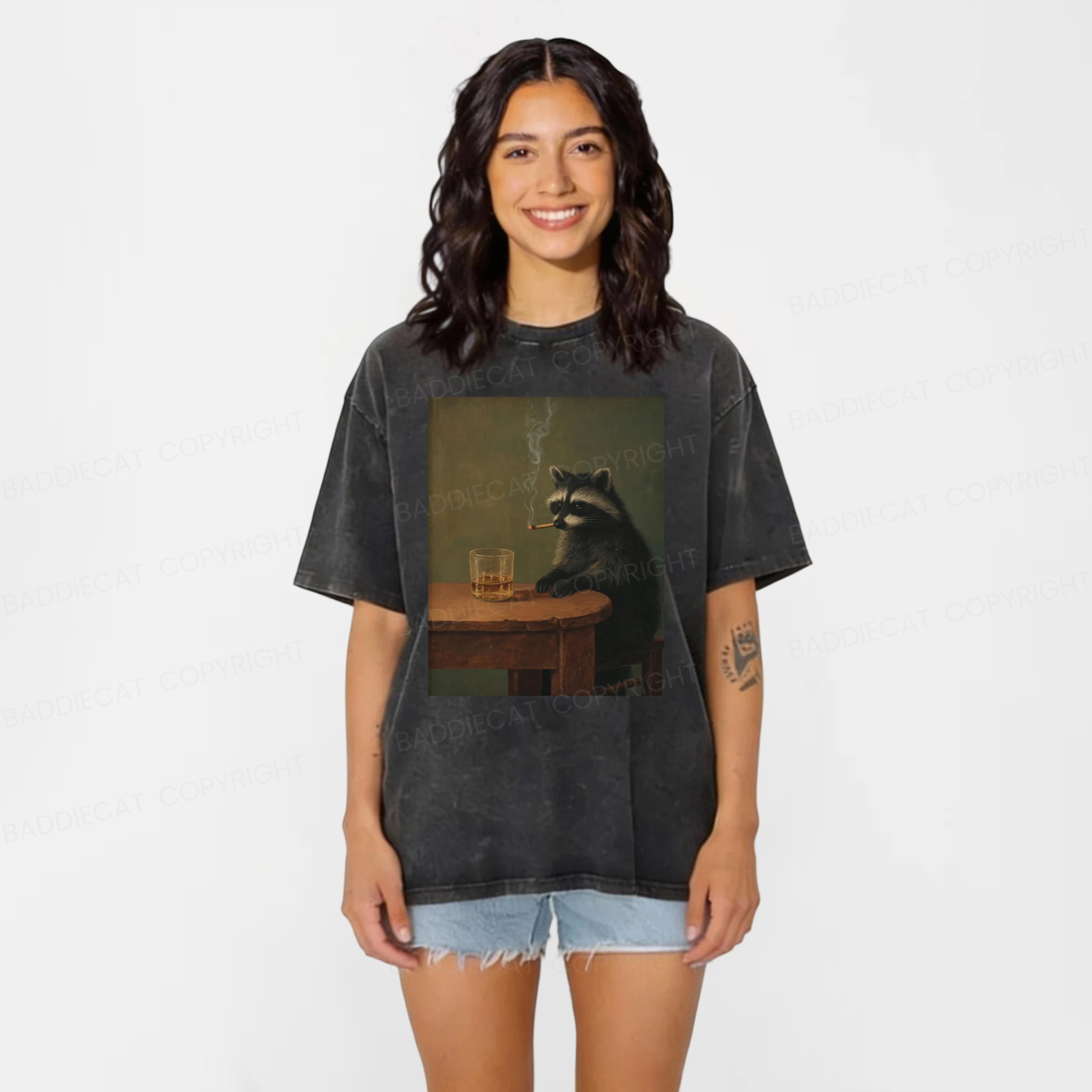 Baddiecat Smoking Raccoon Graphic Washed T-shirt