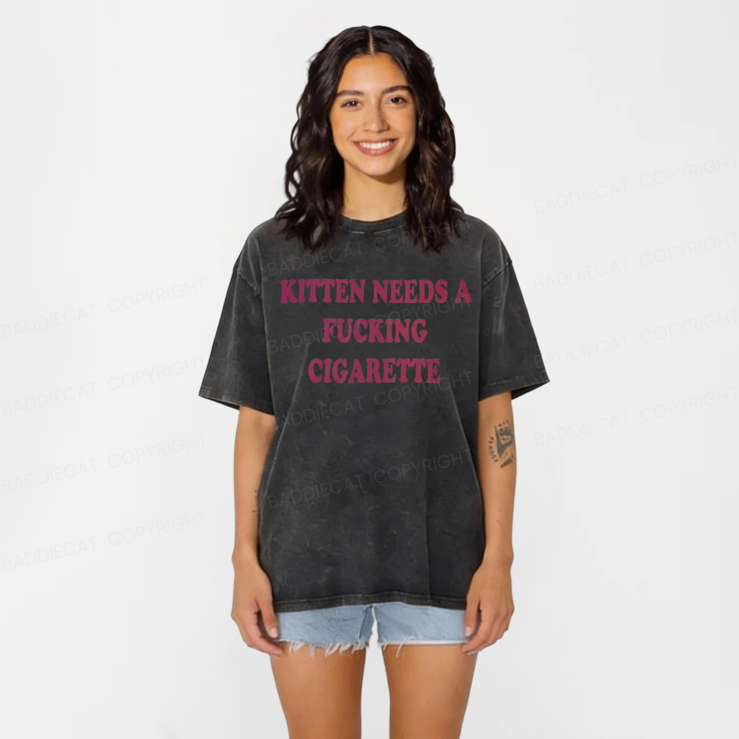 Baddiecat Kitten Needs A Cigarette Washed T-shirt