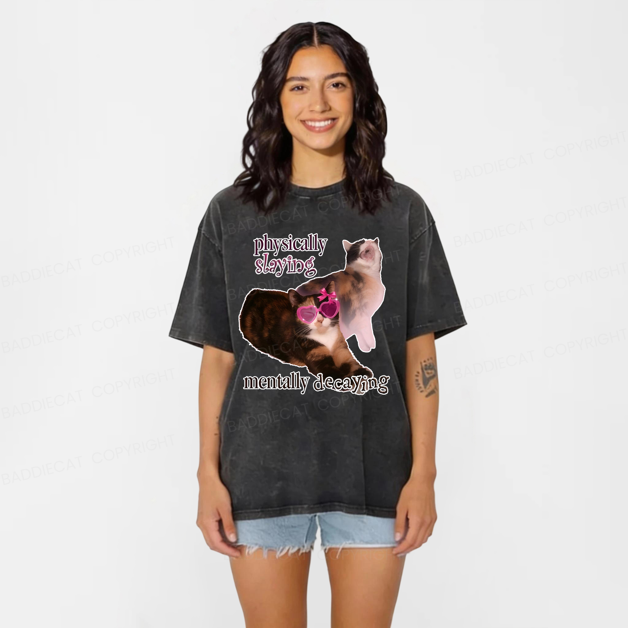 Baddiecat Physically Slaying Mentally Decaying Cat Washed T-shirt