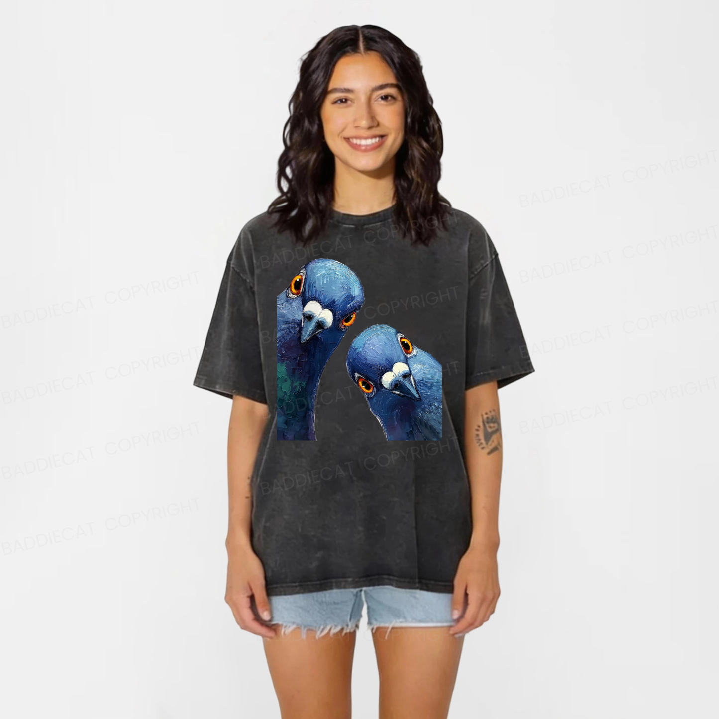 Baddiecat Whimsical Pigeons Washed T-shirt