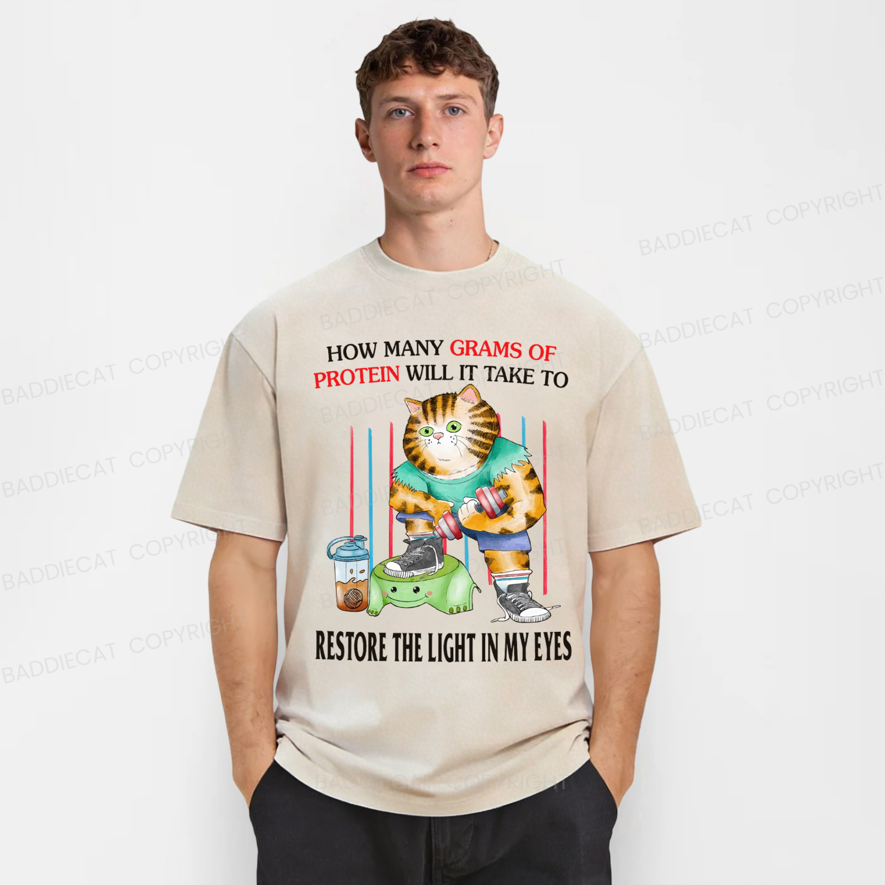 Baddiecat Funny Gym Cat Washed T-shirt