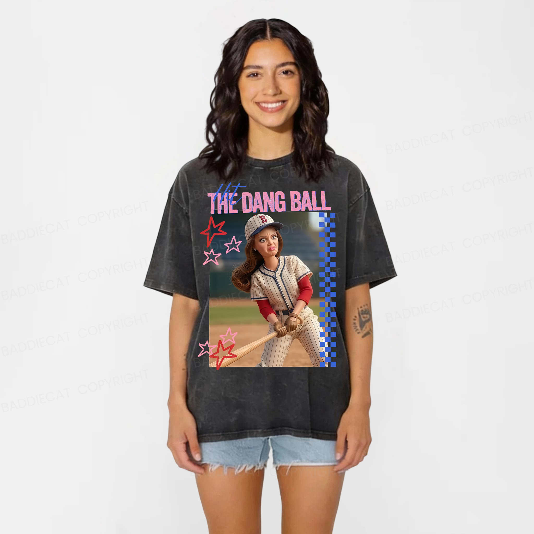 Baddiecat Hit The Dang Ball Baseball Doll Face Meme Washed T-shirt